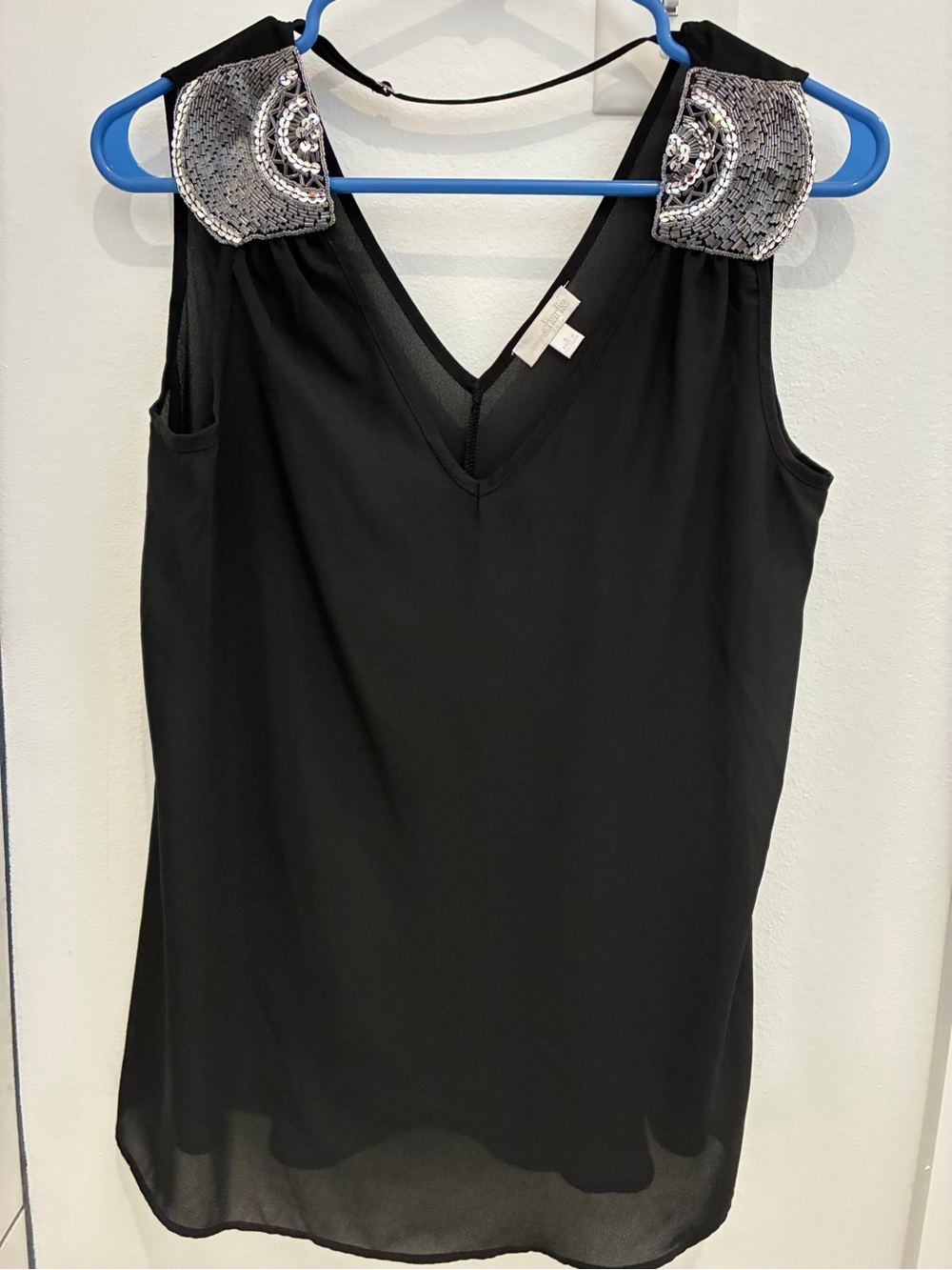 Charming Charlie Black V-Neck Sleeveless Camisole with Silver Sequin Shoulders
